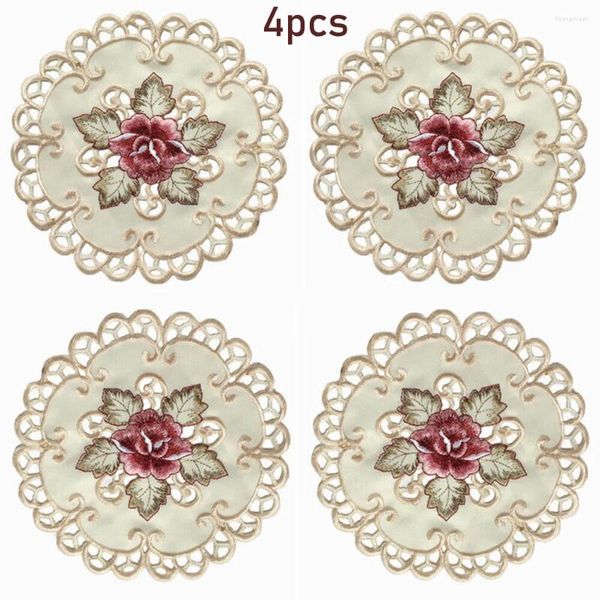 Tapetes de mesa de cetim placemat utensílios de mesa flor presente tapete reutilizável redondo capa de casamento 4 peças bege jantar bordado