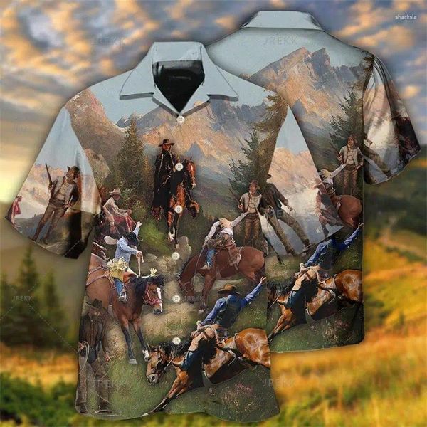 Herren-Freizeithemden, Western-Cowboy-bedrucktes Hemd, 3D-Pferd, kurzärmelig, Vintage-Stil, übergroße männliche Kleidung, Kragen, bequeme Bluse