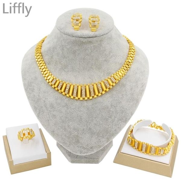 Liffly Neue Dubai Gold Schmuck Sets für Frauen Indischen Schmuck Afrikanische Hochzeit Braut Geschenk Halskette Armband Ohrringe set Ganze 2337P