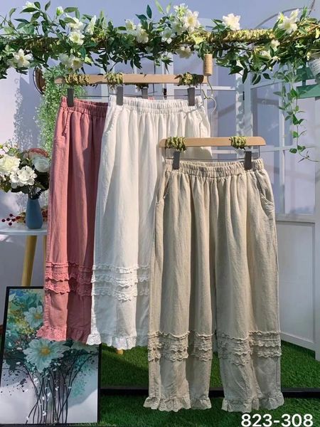 Frauen Hosen Sommer Süße Breite Bein Lose Elastische Taille Leinen Spitze Patch Solide Knöchel-länge N823-308