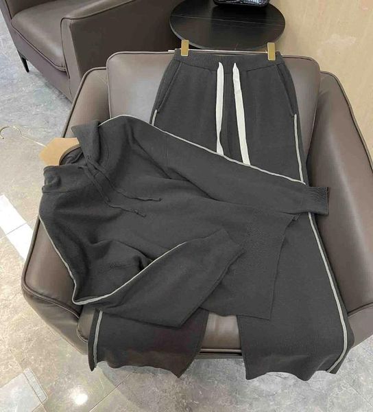 Pantaloni a due pezzi da donna 50% cashmere Set da donna lavorato a maglia solido Pullover diviso con cappuccio Top Gamba larga Allentato 2 pezzi Vestito Taglia unica