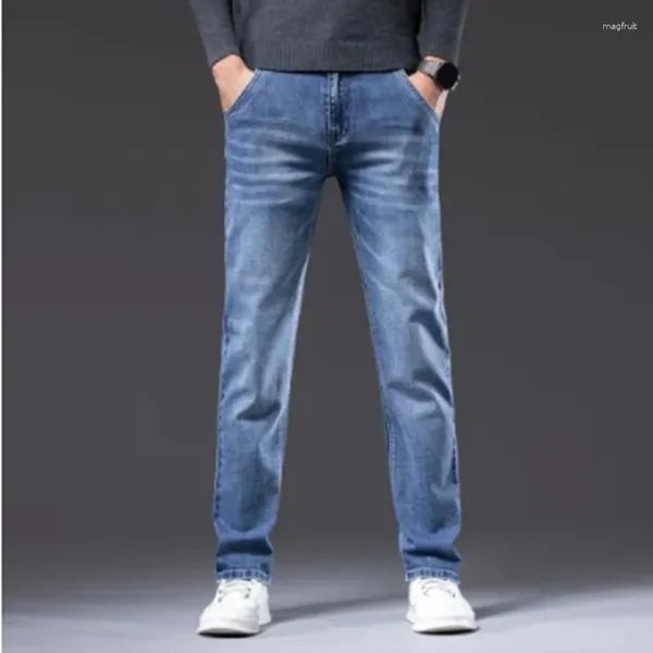 Jeans masculinos de boa qualidade preto cinza azul magro homens primavera verão fino ajuste denim algodão estiramento calças cowboy fx839h