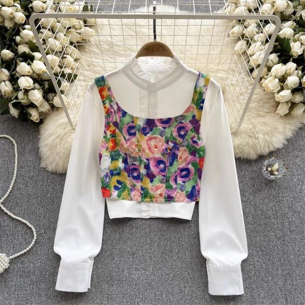 Frauenblusen Zwei Stücke Vintage Bluse für Frauen stehen Kragen Revers Single -Hemden Spaghetti -Riemen weiblicher Blumendruck Tanktop Top