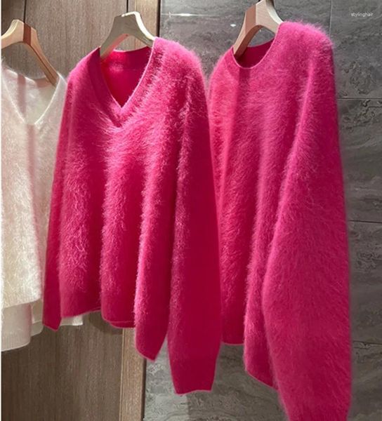 Suéteres femininos outono inverno rosa vermelho mink cashmere solto pulôver chique moda mulheres v pescoço macio mohair malha grossa camisola quente jumper