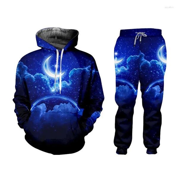 Fatos masculinos ifpd céu estrelado e lua agasalho 3d impresso moletom com capuz azul noite lazer conjuntos casuais roupas de tamanho grande