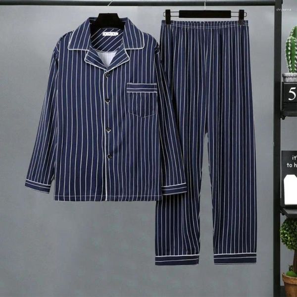 Pijamas masculinos 2 Pçs / set Homens Outono Inverno Pijama Conjunto Listrado Xadrez Impressão Cor Correspondente Lapela Single-breasted Manga Longa Perna Larga Homewear