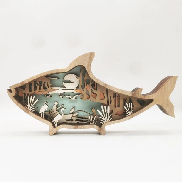 Animal marinho artesanato de madeira criativo vento escultura peixe mesa decoração com luz 3d na sala casa 231226