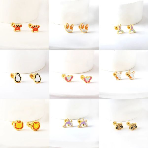 Orecchini a vite da 12 paia per donne bambini Gioielli Trendy Cute Animal Dog Gold Color Orecchini per vite per bambini Regali di compleanno per ragazze 231227