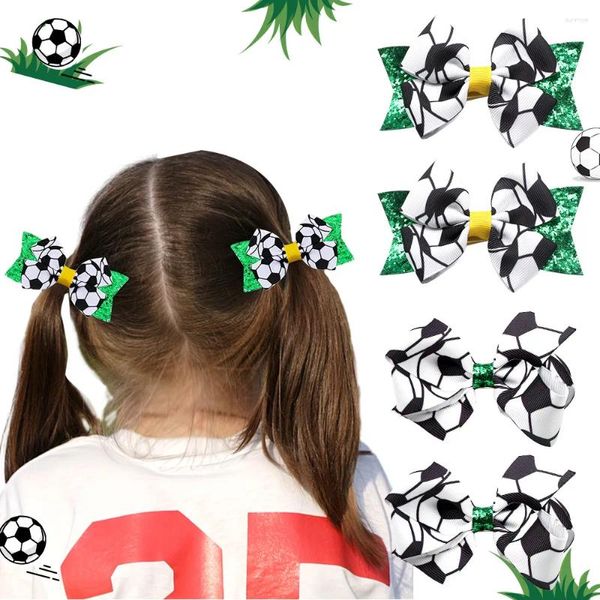 Accessori per capelli Stampa di calcio Copricapo Sport Incontra Ragazza Verde Glitter Tifosi di calcio Barrettes Tessitura a coste Fiocco Forcina per bambini