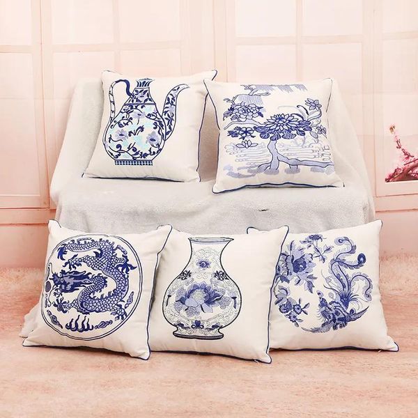 Kissen Vintage-Kissenbezug im chinesischen Stil, Baumwollleinen, blauer und weißer Porzellan-Kissenbezug für Sofa, Auto, Zuhause, dekorative Kissenbezüge