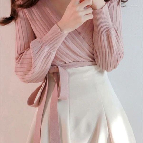 Camisolas femininas 2023 elegante e rosa V lanterna de pescoço lacar o suéter de suéter feminino da primavera outão preto do cardigan malha jumper senhoras