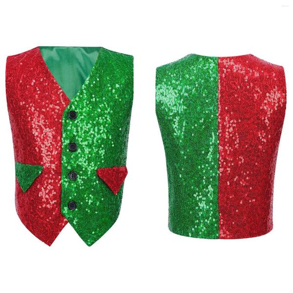 Abbigliamento da palcoscenico Bambini Ragazzi Gilet da circo Top Festa di Natale Paillettes lucide Orlo a punta Giacca Gilet per costume da performance di danza jazz hip-hop