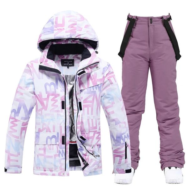 Женская зимняя одежда, водонепроницаемый лыжный костюм 10 К, комплект одежды для сноуборда, уличные костюмы, зимние куртки, брюки с ремешками для девочек 231227