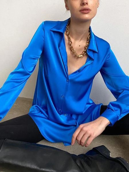 Blouses femininas Mulheres camisas acetinadas de seda azul elegante de manga longa de mangas compridas, garotas de garrafas bordas verdes belas para 2023