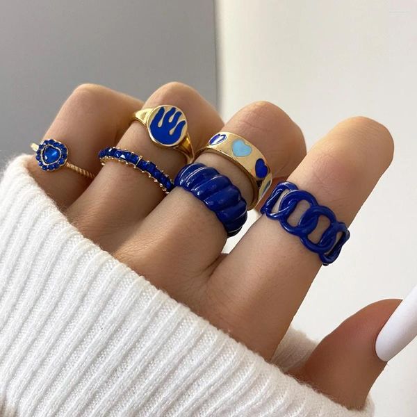 Cluster Ringe Blau Kristall Herz Knuckle Ring Set Für Frauen Mode Emaille Geometrische Kette Form Weibliche Ungewöhnliche Trend Schmuck