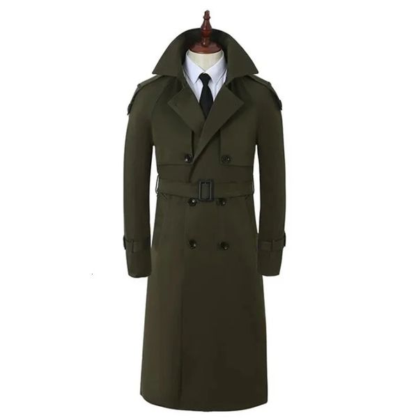 Super longo over-the-knee trench coats masculino verde exército 2024 primavera outono trespassado moda britânica all-match blusão 231226