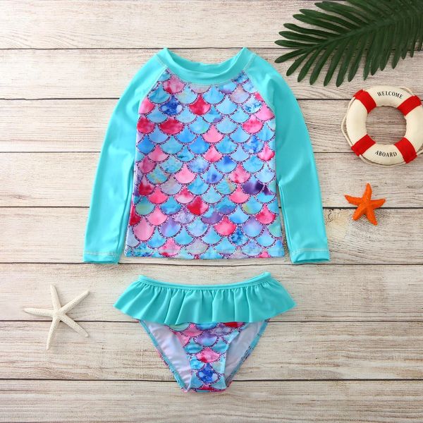 Conjunto de roupas de banho para meninas, roupa de banho para bebês, manga de duas peças, sereia, criança, menina, praia longa, 5t, maiô para meninas, aulas de natação