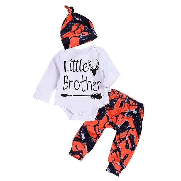 Ensembles 2018 nouveau bambin bébé garçons ensembles petit frère barboteuse + pantalons longs Leggings + chapeau Orange Camouflage tenues 3 pièces ensemble nouveau-né Infan