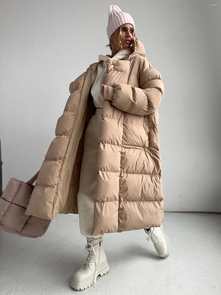 Женские тренчи, повседневные теплые потайные пуговицы, длинное стеганое хлопковое пальто с капюшоном, 2023, уличные зимние куртки для девочек, свободные утолщенные однотонные