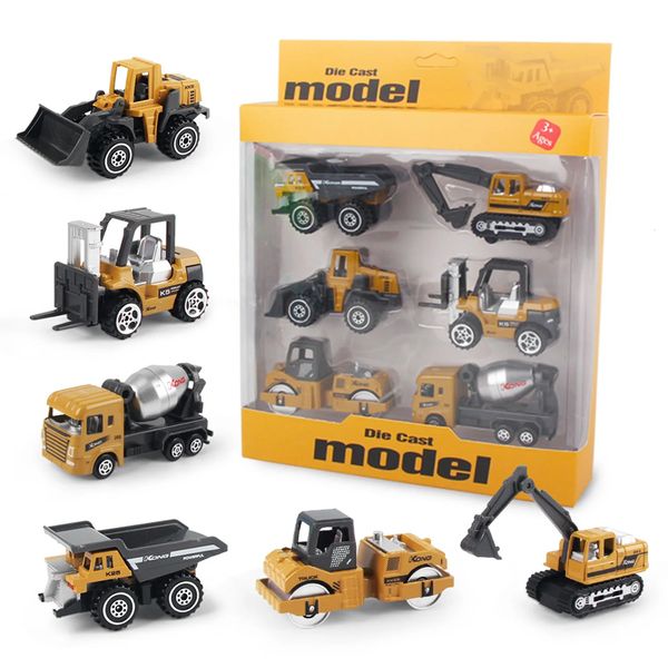 6 pçs / set liga engenharia caminhão brinquedo carro clássico modelo de construção veículo carregador trator escavadeira brinquedos para 3 anos meninos presentes 231227