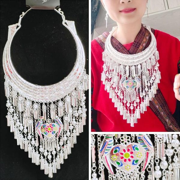 Palco desgaste chinês hmong colar mulheres tradição sliver cor étnica neckwear jóias torques miao dança