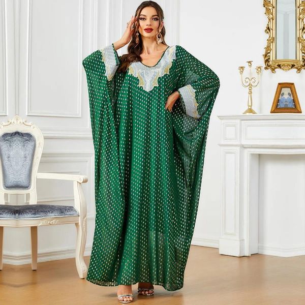 Abbigliamento etnico Abaya verde a pois per le donne Abito lungo con maniche a pipistrello Eid Ramadan Musulmano Caftano Abito islamico allentato Djellaba Dubai