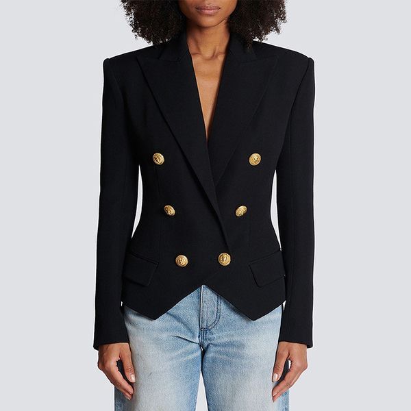 3 cores novo estilo de alta qualidade feminino clássico cintura apertando blazer duplo breasted emagrecimento jaqueta metal leão botões casaco