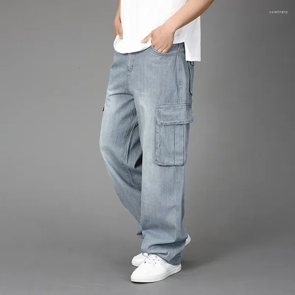 Erkek kot pantolon büyük boy geniş bacak gevşek cepler tulum hip-hop düz denim pantolon için