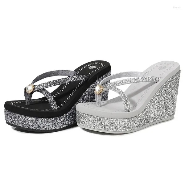 Chinelos casuais sapatos de salto alto senhora glitter slides de borracha flip flops chinelos feminino luxo geléia havaiano verão 2023 tpr fash