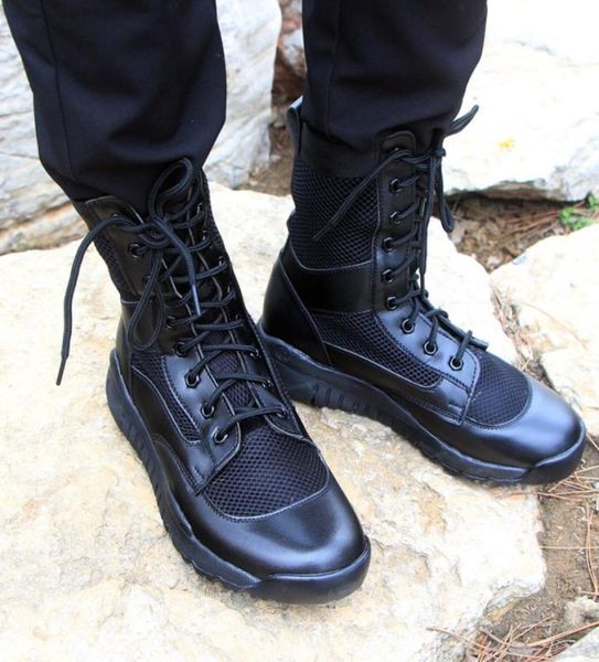 Botas militares ultraleves de verão para homens, botas militares de malha de couro com respiração, acessórios para sapatos táticos ao ar livre 7505305