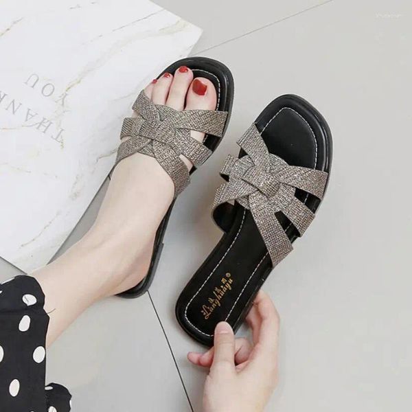 Sandalen Schmale Band Weben Frauen Cut Out Glitter Flache Hausschuhe 41-43 Große Größe Sommer Strand Rutschen Alias Mujer