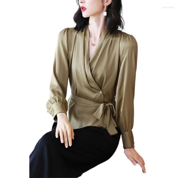 Женские блузки с длинным рукавом, винтажные рубашки на шнуровке с высокой талией, весна-осень 2023, женские атласные блузки, офисные женские шелковые гладкие складки с v-образным вырезом