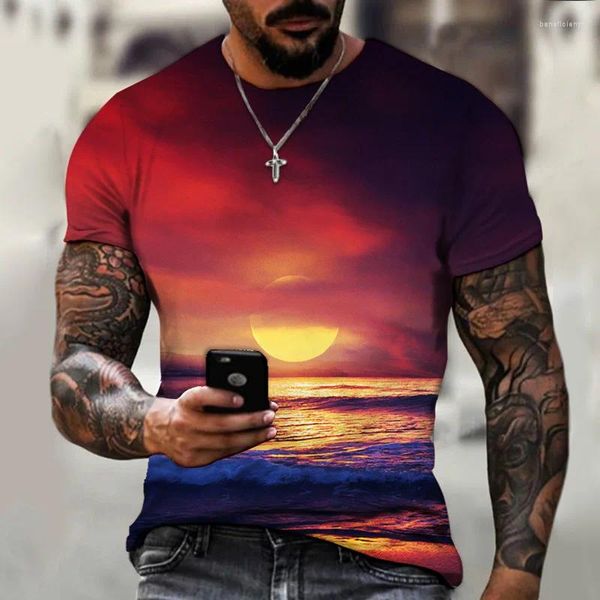 Camiseta masculina com estampa de paisagem 3D Padrão Natural Roupas Verão Moda Personalidade Top Camisetas Casuais