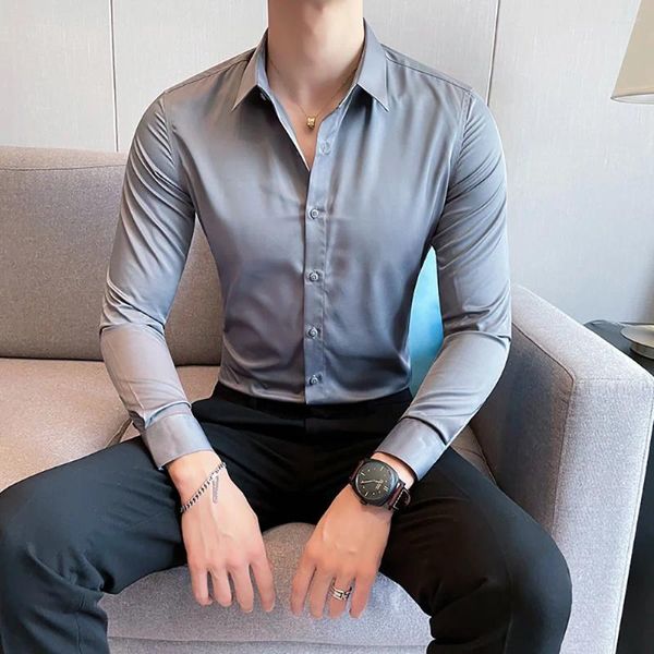 Camisas masculinas BHRIWRPY Negócios Britânicos Moda Cor Sólida Camisa de Manga Longa Escritório Profissional