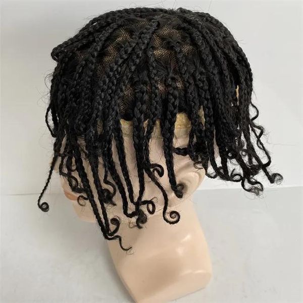 Perücken, brasilianisches Echthaar, Ersatz #1b, natürliche Black Box Braids, Toupet, 8 x 10 Mono-Spitzeneinheit für Blackman