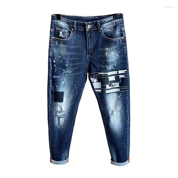 Calças de brim masculinas Slim Fit Mens Bordado Crânio Rasgado Scratch Moda Streetwear Pequeno Reto Casual Masculino Stretch Denim Calças