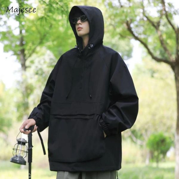 Jaquetas masculinas Outono Homens Com Capuz Bolsos Frontais Baggy Outwear Elegante All-Match Estilo Europeu Parachute Bonito Casual Rib Manga Ins