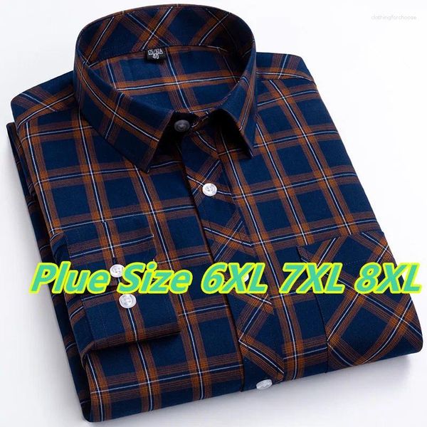 Camicie casual da uomo Taglie forti 6XL-7XL-8XL Camicia a quadri da uomo Manica lunga Autunno Primavera Abbigliamento da lavoro in cotone morbido e sottile di alta qualità