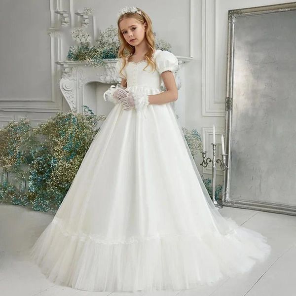 Abiti da ragazza vestito di perle in tulle in pizzo in pizzo abito floreale a manica corta per matrimonio elegante principessa bambino prima festa di compleanno eucaristica