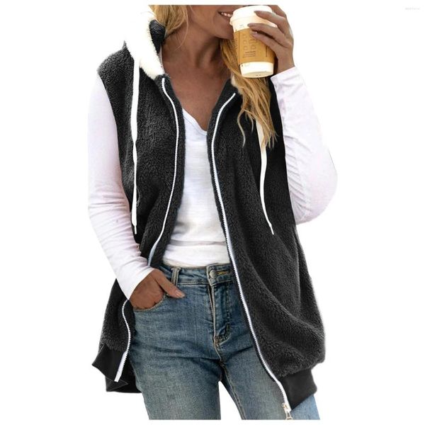 Coletes femininas Plus Size 5XL Sem Mangas Jaqueta Com Capuz Mulheres Oversize Colete Casual Color Block Plush Fleece Moletom Patchwork Hoodie