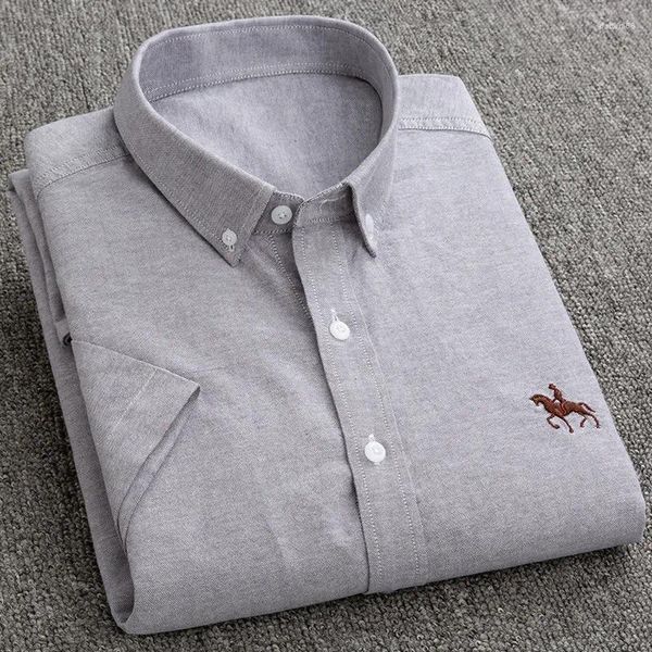 Camicie da uomo camicie ricamato polo a maniche corta oxford girato puro cotone sottile aderente aderente mezzo per uomo