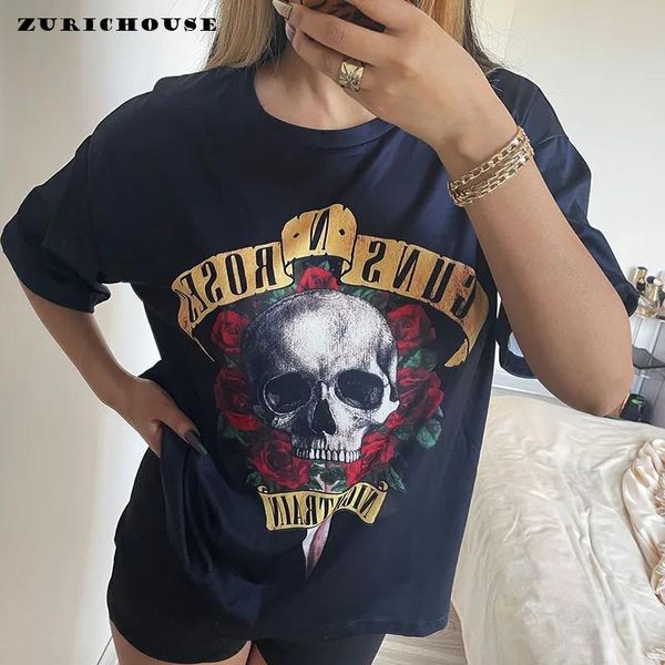 Футболки Черная футболка в стиле панк для женщин и мужчин Goth Guns N' Roses Хлопковые футболки Уличная одежда с принтом черепа и роз Летние топы Женские SXXXL Camisetas