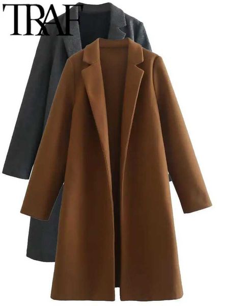 Misturas de lã feminina TRAF 2023 cor de camelo outono mulheres sobretudo manga comprida jaqueta solta vintage trench coat feminino outwear quente y2k estilo dinheiro antigo j231227