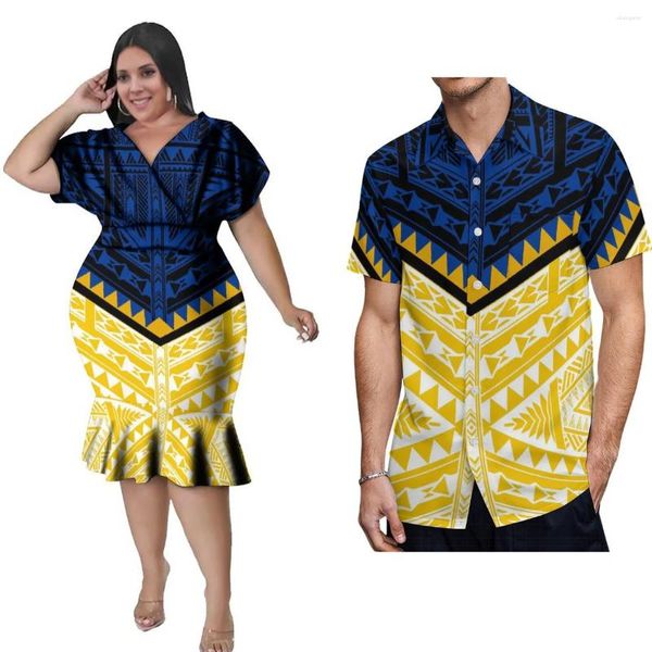 Vestidos casuais mulheres vestido de pescoço em v samoan com camisa de manga curta masculina tribo polinésia projetada casal terno