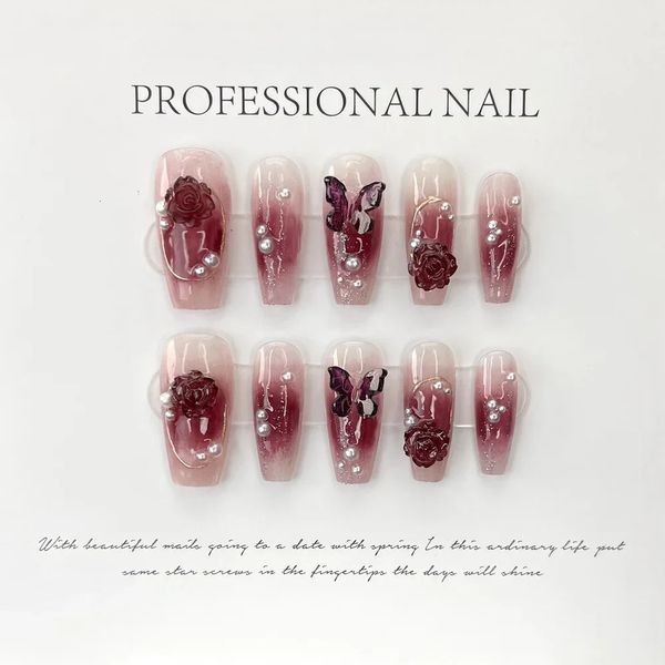 Unghie finte rosse vino corte fatte a mano Premere con design 3D Unghie artificiali riutilizzabili finte con colla Y2k Nail art per ragazze 231226