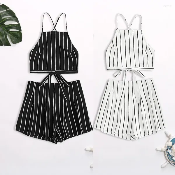 Fatos de treino feminino listrado suspender topo e shorts conjunto bandagem cinta colheita calças curtas para o verão temperamento conjuntos de calças de deslocamento