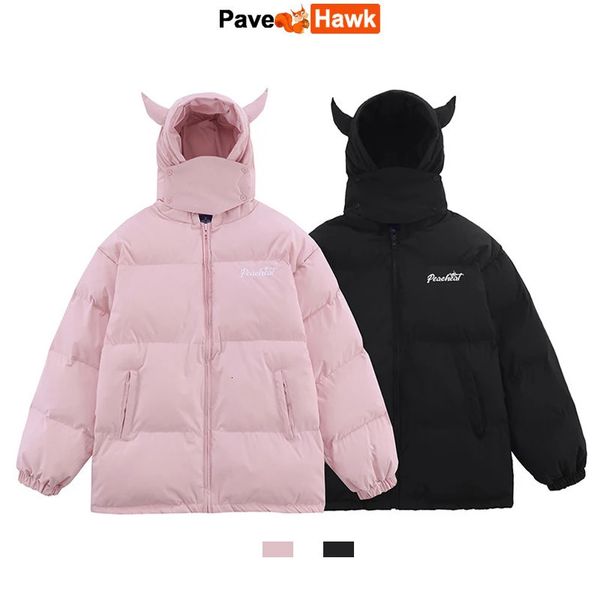 Hooded Parkas Männer Winter Devil's Horn Feste Farbe Baumwolle gepolsterte Jacken Frauen Lose Hip Hop Harajuku Puffer Bubble Outwear Mäntel 231227