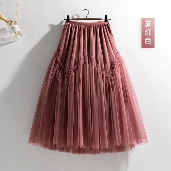 Vestido mulheres saia preta vermelha bege de retalhos saia de bolo de alta cintura alta aline simples malha elegante tule midi saia festa primavera outono