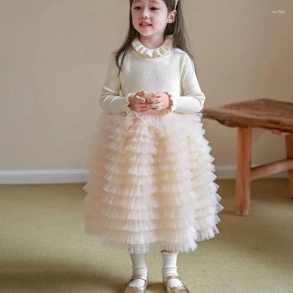 Kız Elbiseler Sonbahar/Kış 2023 Kızlar Elbise Çocukların Örme Süveteri Mesh Pompadour Doğum Günü Prenses Kek Elbiseleri