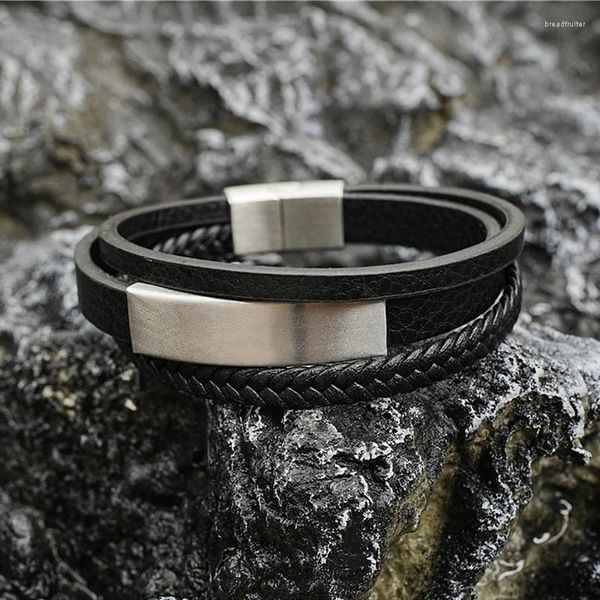 Charm Armbänder Männer Schwarz Mehrschichtiges Echtes Leder Geflochtenes Armband Klassische Edelstahl Magnet Schnalle Armreif Für Männliche Freund Schmuck